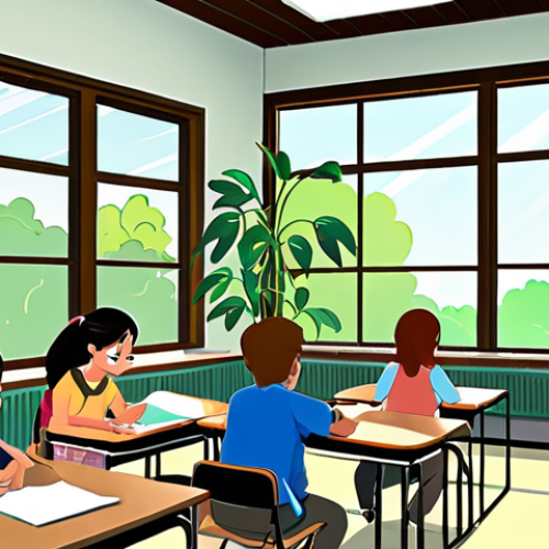 Home 13 **Air Quality in Classrooms**:
"An illustration of a classroom with open windows, fresh air circulating, and students feeling energized and focused. Include elements like plants to symbolize fresh air and a happy learning environment."