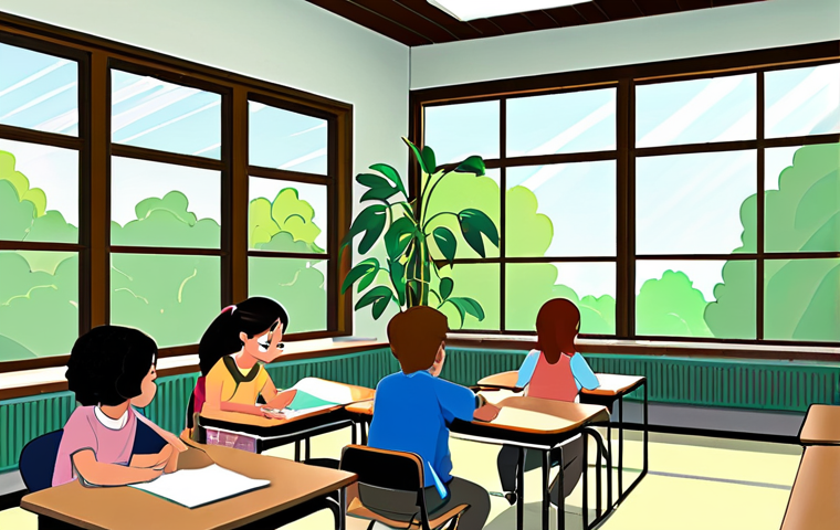 **Air Quality in Classrooms**:
"An illustration of a classroom with open windows, fresh air circulating, and students feeling energized and focused. Include elements like plants to symbolize fresh air and a happy learning environment."