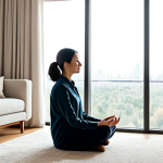 A peaceful adult woman, fully clothed in modest, comfortable professional attire, meditating in a serene, sound-insulated living room. The room features thick, elegant curtains, a plush carpet, and soft, understated furniture, creating an oasis of calm. Natural light softly illuminates the space through a large window, revealing a distant city skyline that feels entirely muted. The atmosphere is one of profound tranquility and stillness. Safe for work, appropriate content, fully clothed, family-friendly, perfect anatomy, correct proportions, natural pose, well-formed hands, proper finger count, natural body proportions, professional photography, high quality.