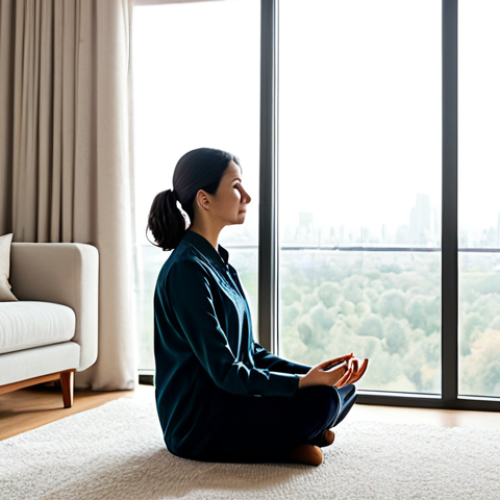 Home 8 A peaceful adult woman, fully clothed in modest, comfortable professional attire, meditating in a serene, sound-insulated living room. The room features thick, elegant curtains, a plush carpet, and soft, understated furniture, creating an oasis of calm. Natural light softly illuminates the space through a large window, revealing a distant city skyline that feels entirely muted. The atmosphere is one of profound tranquility and stillness. Safe for work, appropriate content, fully clothed, family-friendly, perfect anatomy, correct proportions, natural pose, well-formed hands, proper finger count, natural body proportions, professional photography, high quality.