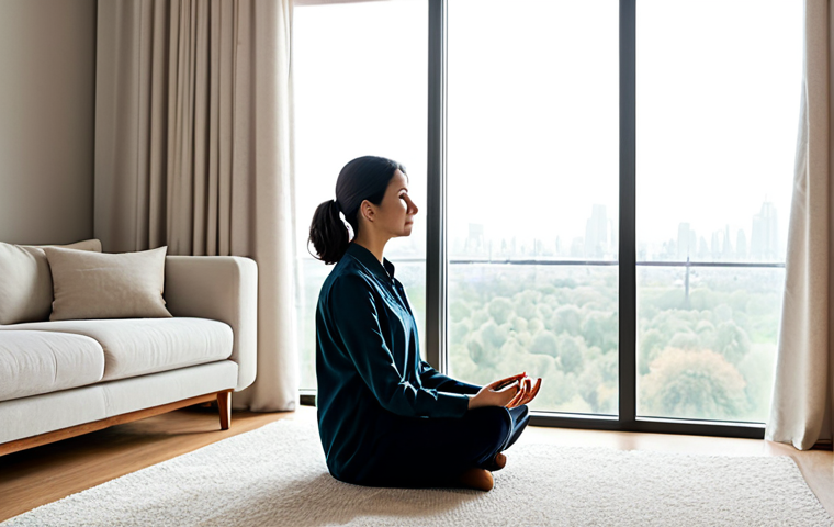 A peaceful adult woman, fully clothed in modest, comfortable professional attire, meditating in a serene, sound-insulated living room. The room features thick, elegant curtains, a plush carpet, and soft, understated furniture, creating an oasis of calm. Natural light softly illuminates the space through a large window, revealing a distant city skyline that feels entirely muted. The atmosphere is one of profound tranquility and stillness. Safe for work, appropriate content, fully clothed, family-friendly, perfect anatomy, correct proportions, natural pose, well-formed hands, proper finger count, natural body proportions, professional photography, high quality.