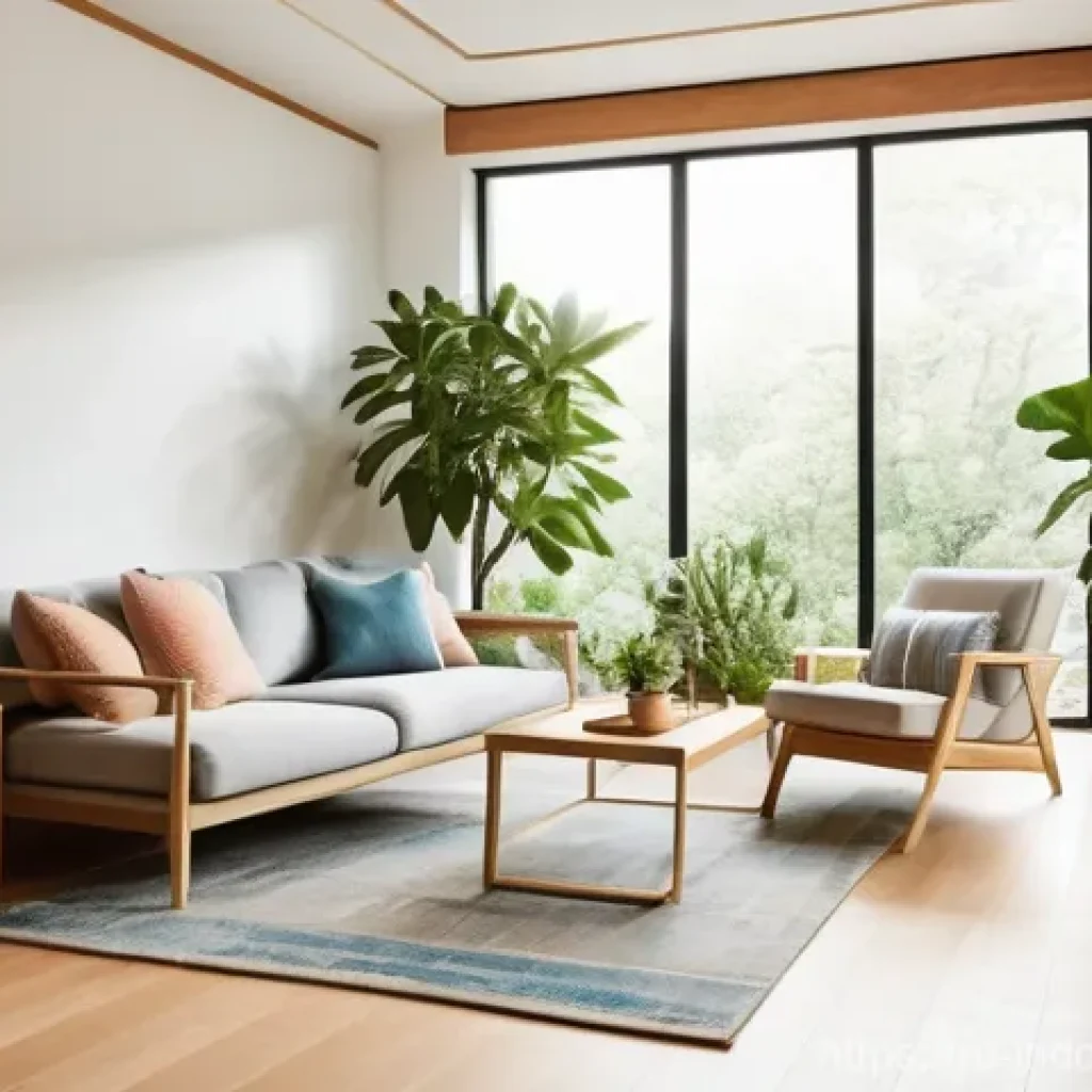 실내 미생물과 생태계 - **Prompt:** A tranquil and warmly lit living room, adorned with natural wood furnishings and vibrant...