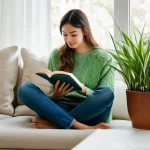 미세먼지와 실내 환경 - **Prompt:** A cozy and inviting living room, softly lit by natural light filtering through sheer cur...
