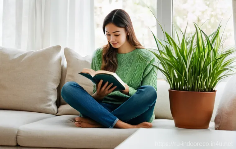 미세먼지와 실내 환경 - **Prompt:** A cozy and inviting living room, softly lit by natural light filtering through sheer cur...