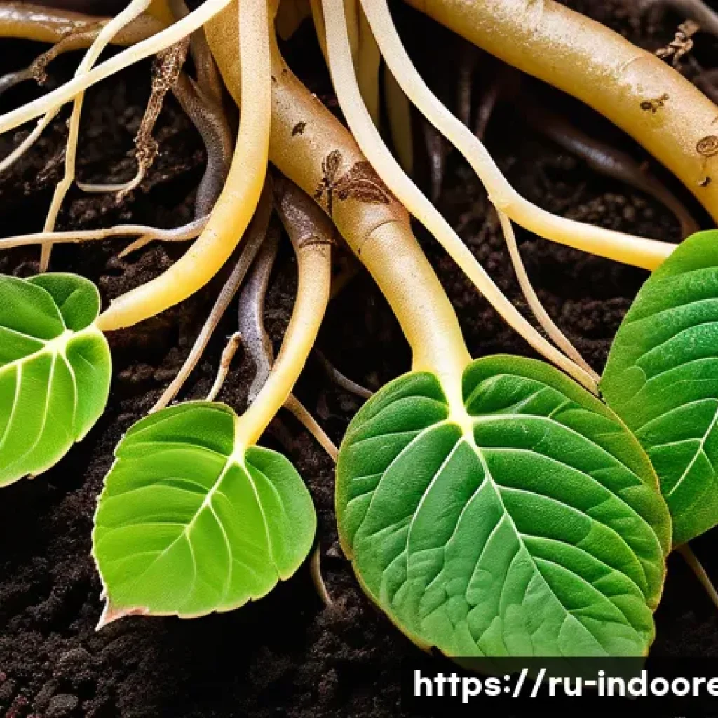 실내 식물과 미생물 상호작용 - A detailed close-up of healthy houseplant roots surrounded by diverse beneficial microbes in rich, a...