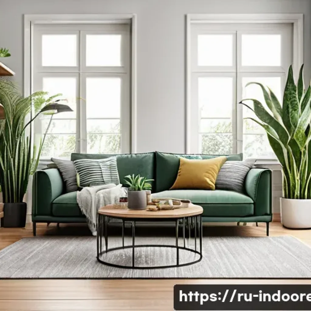공기 정화 식물 효과 - A cozy modern living room with large windows on a cloudy day, featuring various indoor plants known ...