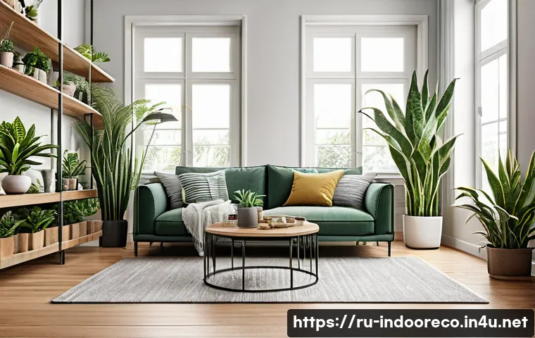 공기 정화 식물 효과 - A cozy modern living room with large windows on a cloudy day, featuring various indoor plants known ...