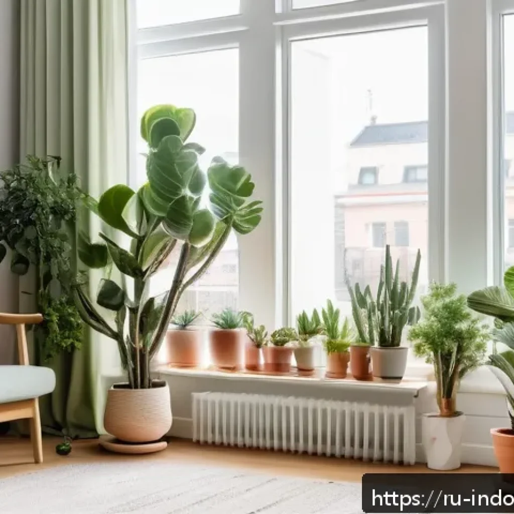 자연광이 식물에 미치는 영향 - A cozy urban apartment interior bathed in soft natural light from a large south-facing window, featu...