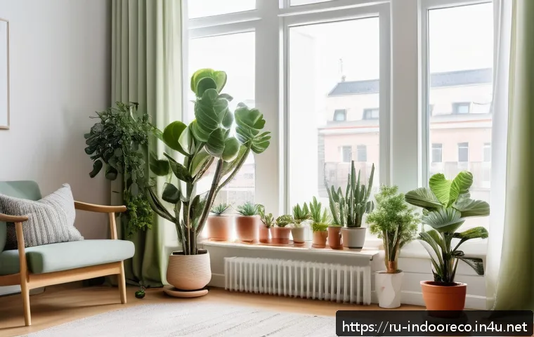 자연광이 식물에 미치는 영향 - A cozy urban apartment interior bathed in soft natural light from a large south-facing window, featu...