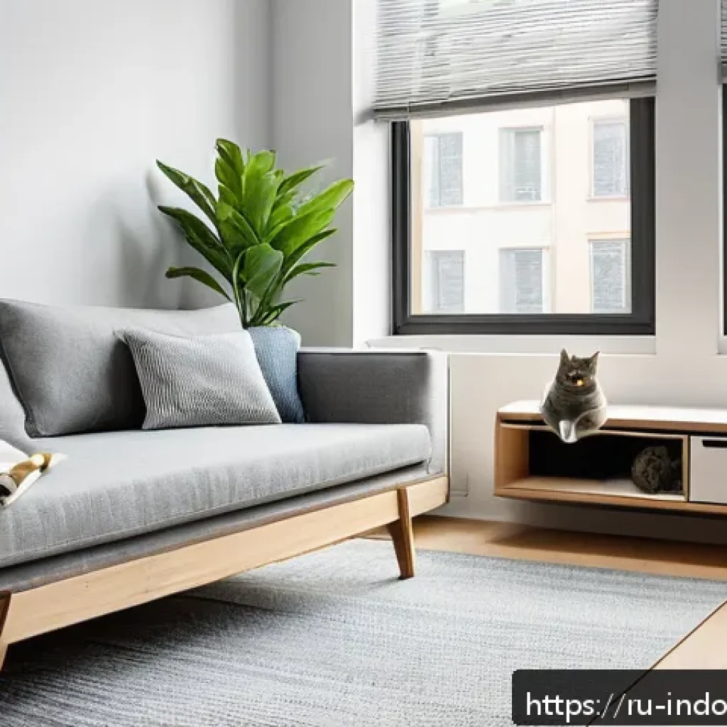 반려동물과 실내 생태계 - A cozy urban apartment interior designed for a cat owner, featuring a dedicated corner with a soft m...