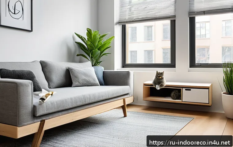 반려동물과 실내 생태계 - A cozy urban apartment interior designed for a cat owner, featuring a dedicated corner with a soft m...