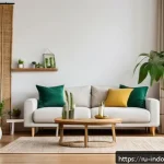 친환경 인테리어 - A cozy, eco-friendly living room interior featuring natural linen curtains gently swaying by large w...