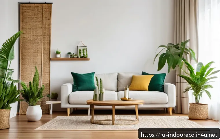 친환경 인테리어 - A cozy, eco-friendly living room interior featuring natural linen curtains gently swaying by large w...