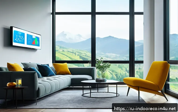 스마트 홈을 위한 공기질 측정 - A modern living room interior featuring a smart air quality sensor mounted on the wall near a large ...