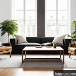 애완동물과 실내 환경 조화 - A modern living room interior designed for pet owners, featuring a dark microfiber sofa with metal a...