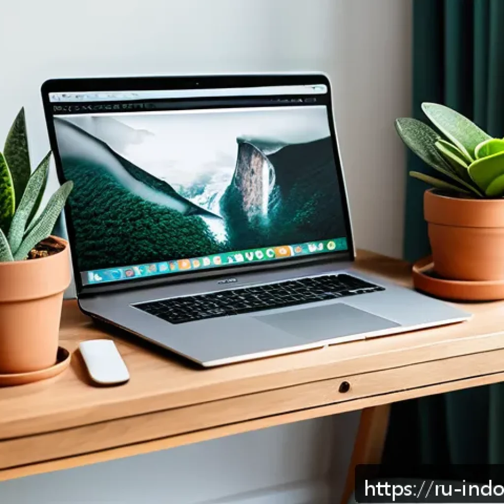 식물의 심리적 효과 - A cozy modern home office interior featuring a sleek wooden desk with a laptop and several vibrant g...