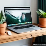 식물의 심리적 효과 - A cozy modern home office interior featuring a sleek wooden desk with a laptop and several vibrant g...