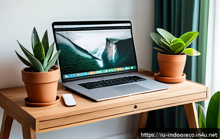 식물의 심리적 효과 - A cozy modern home office interior featuring a sleek wooden desk with a laptop and several vibrant g...
