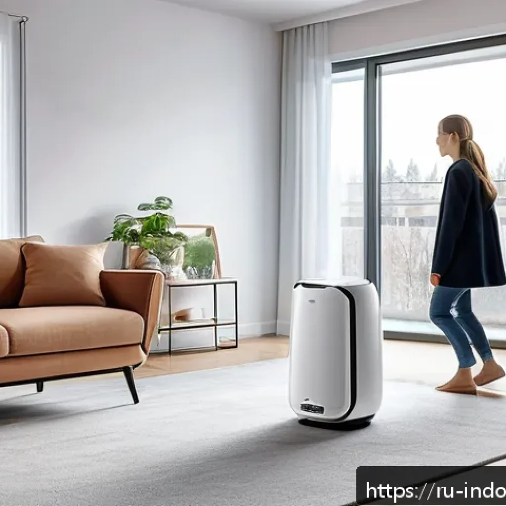 공기청정기 구매 팁 - A modern Russian living room featuring a sleek air purifier with visible HEPA and activated carbon f...