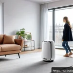 공기청정기 구매 팁 - A modern Russian living room featuring a sleek air purifier with visible HEPA and activated carbon f...