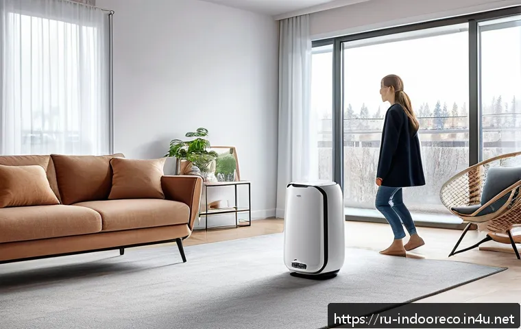 공기청정기 구매 팁 - A modern Russian living room featuring a sleek air purifier with visible HEPA and activated carbon f...