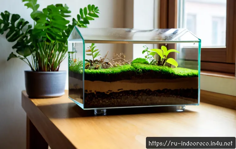 실내 생태계 내 미생물의 역할 - Photorealistic bright apartment in a Russian urban home, a large leafy houseplant beside a sunlit wi...